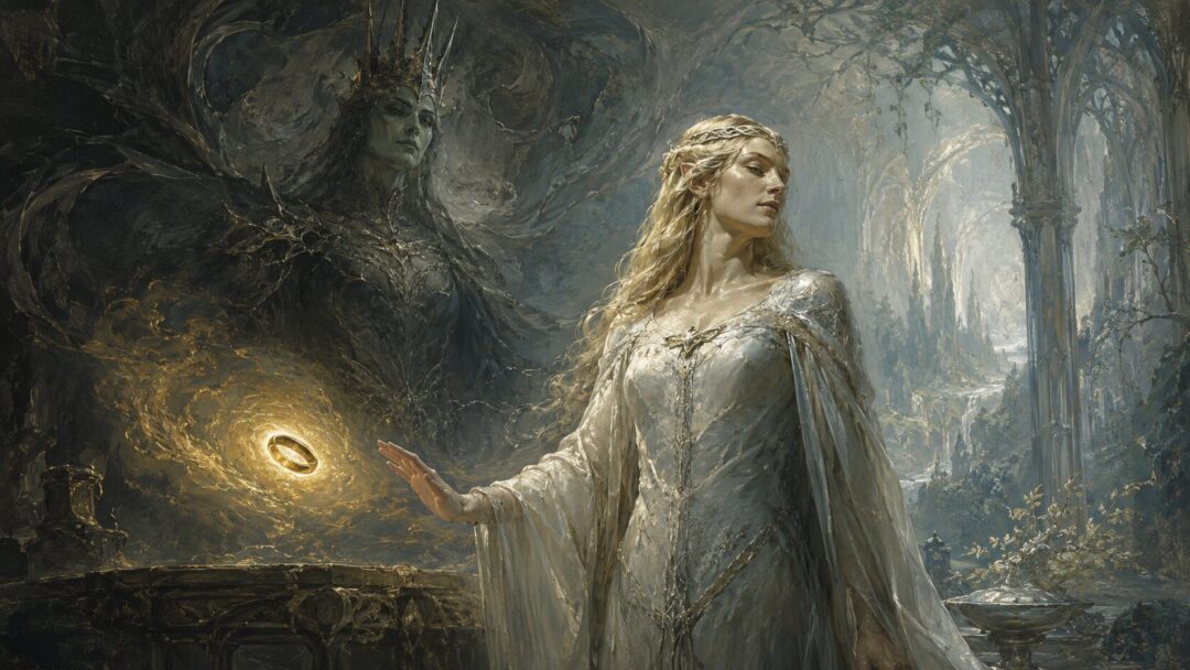 Galadriel refuses the temptation of the One Ring while a shadowy vision of a terrible queen looms behind her.