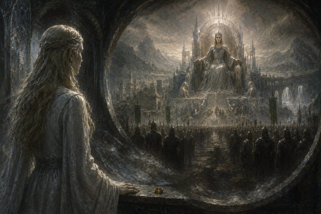 Galadriel confronting a vision of power and domination offered by the One Ring