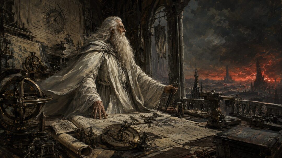 An ancient Elven queen stands beside a silver basin in a woodland realm while facing the temptation of the One Ring.