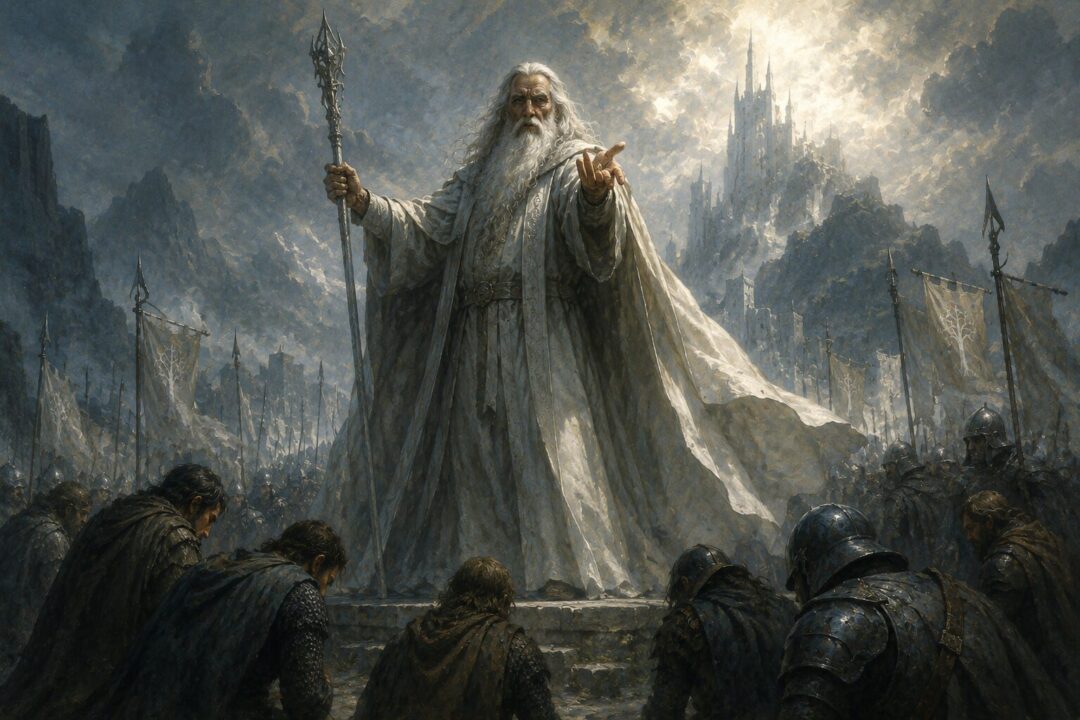 A visionary image of Gandalf as a righteous but corrupted Ring-lord before kneeling armies.