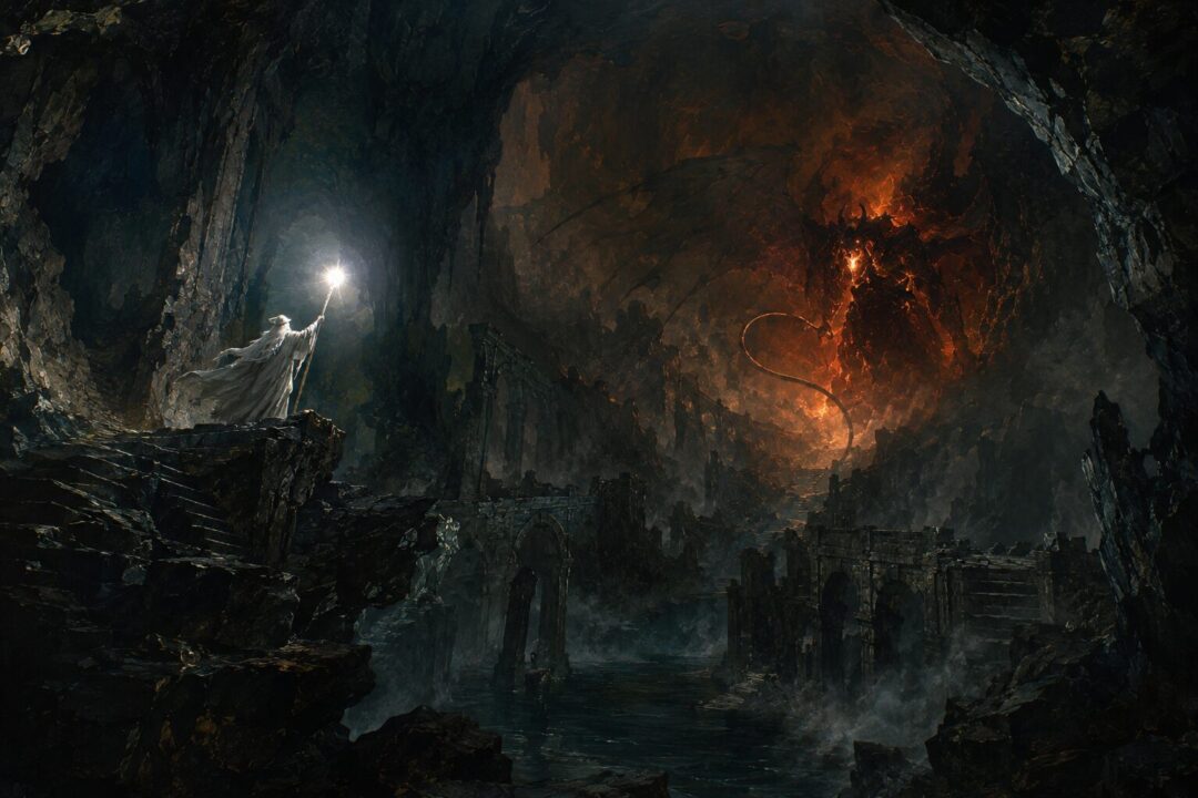 Gandalf pursuing the Balrog through the deepest forgotten caverns beneath Khazad-dûm