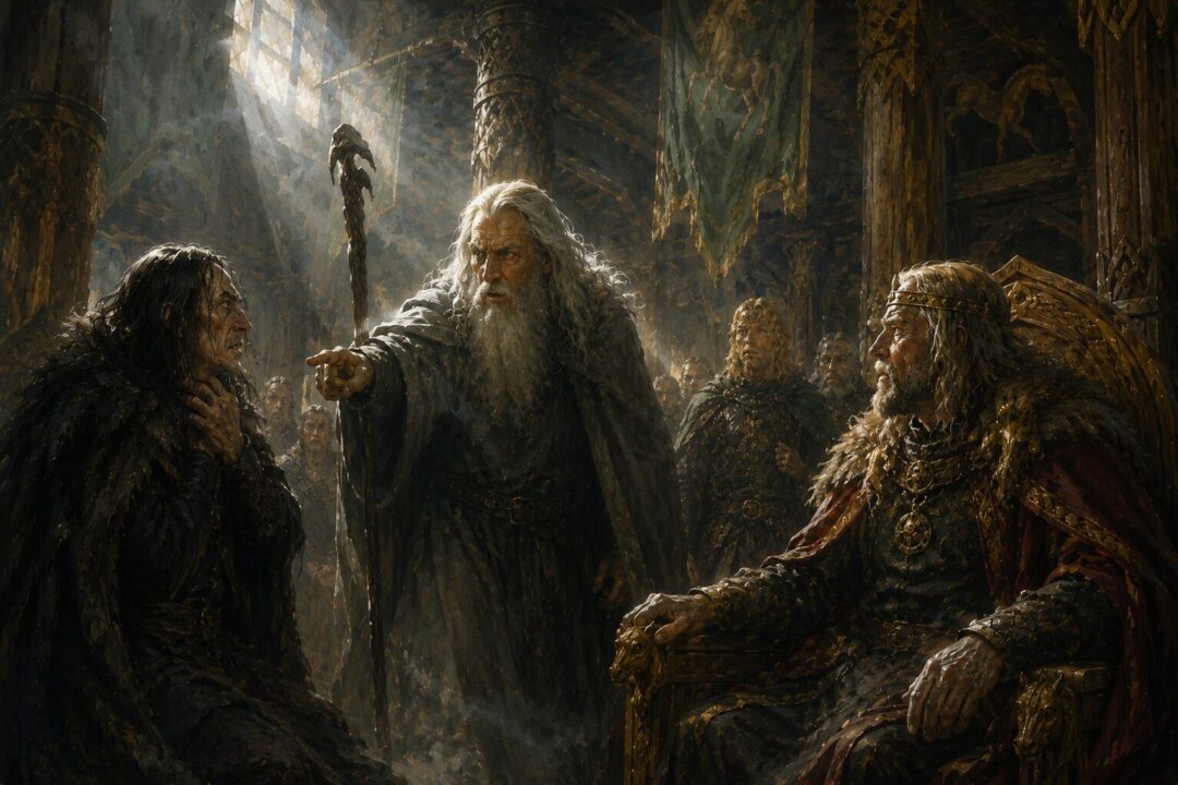 Gandalf confronting Gríma as hope and clarity return to King Théoden in Meduseld