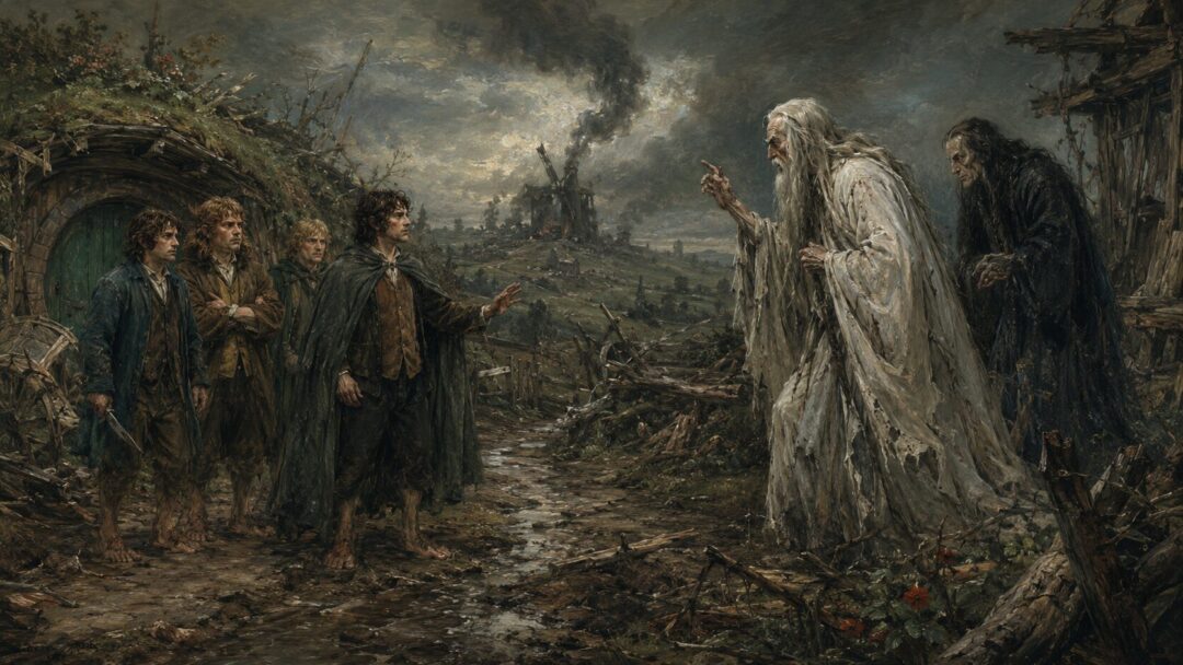 Gandalf raises his hand below Orthanc as Saruman recoils and his staff breaks after the fall of Isengard.