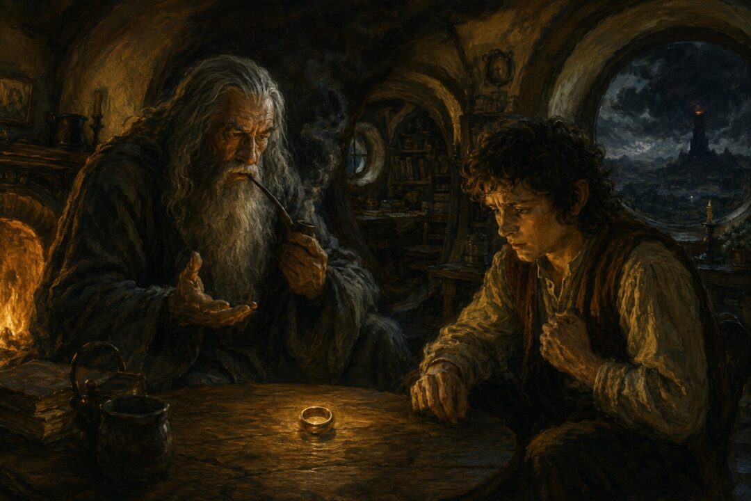 Gandalf speaks gravely with Frodo in Bag End beside the hearth as the plain gold Ring lies on the table.