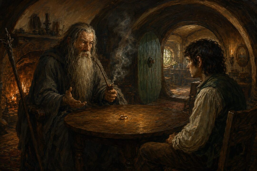 Gandalf warns Frodo about pity and judgment beside the hearth in Bag End.