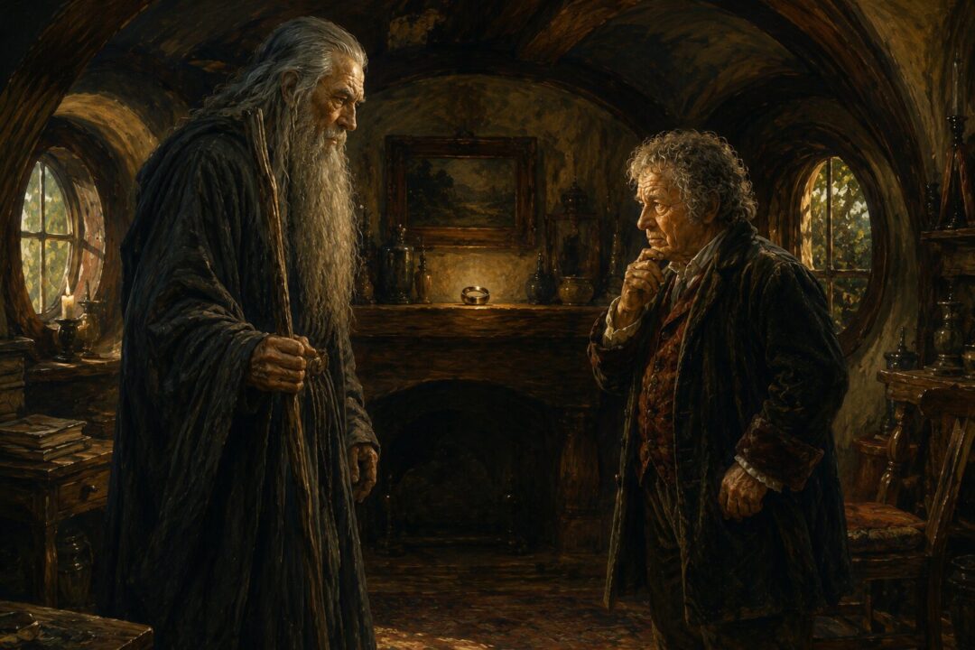 Gandalf encouraging Bilbo to surrender the One Ring inside Bag End.