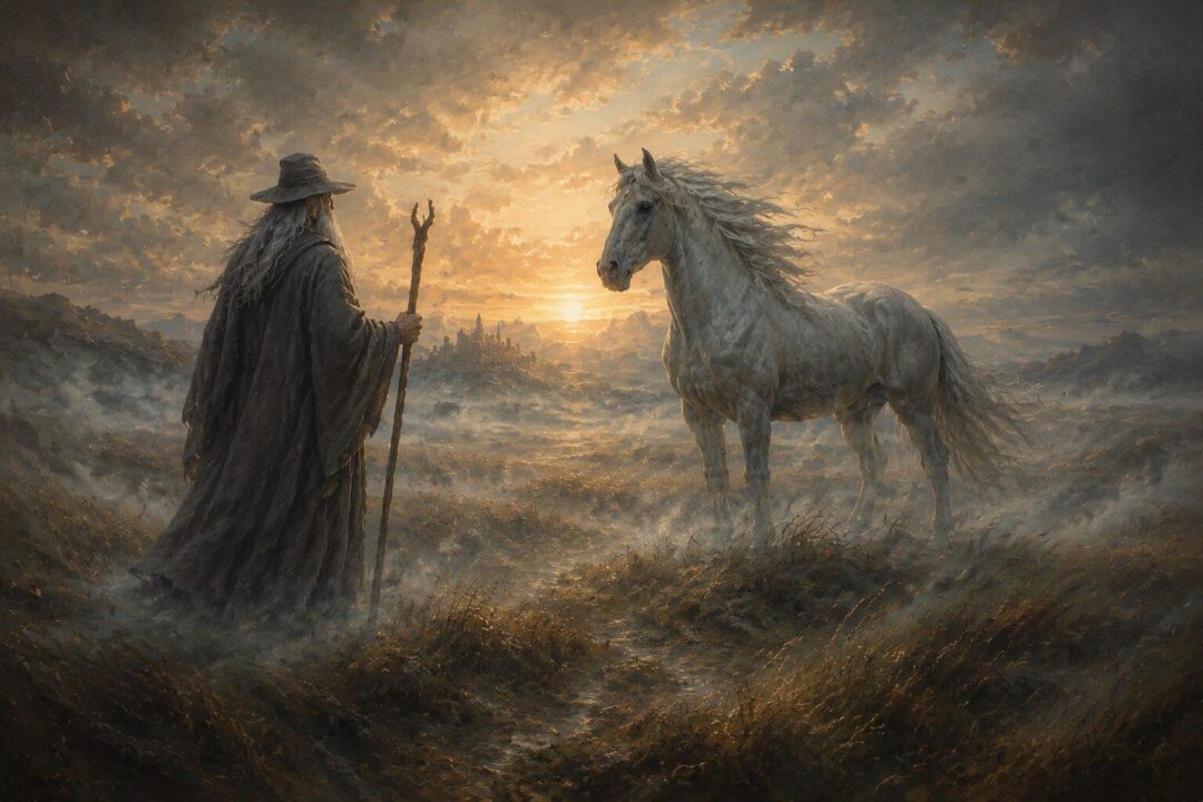 Gandalf approaching Shadowfax in a misty dawn field in Rohan