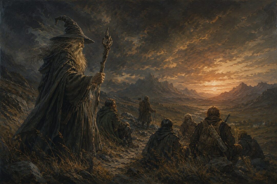Gandalf stands on a lonely dusk road as quiet fire and hope strengthen weary travelers.