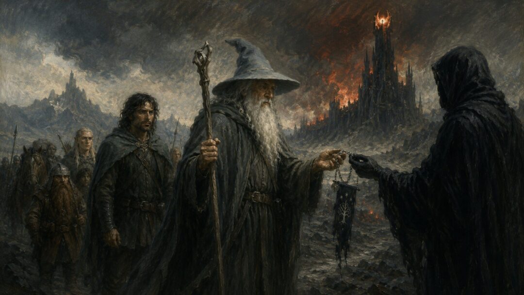 Gandalf standing before the Morannon as Frodo’s captured tokens are presented by Sauron’s messenger.