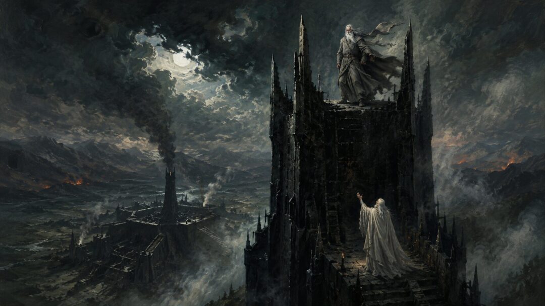Gandalf stands imprisoned on the pinnacle of Orthanc as Saruman tries to tempt him with an alliance of power.