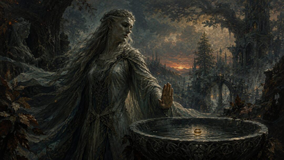 A grey-cloaked wizard recoils from the offered One Ring inside a humble hobbit-hole.