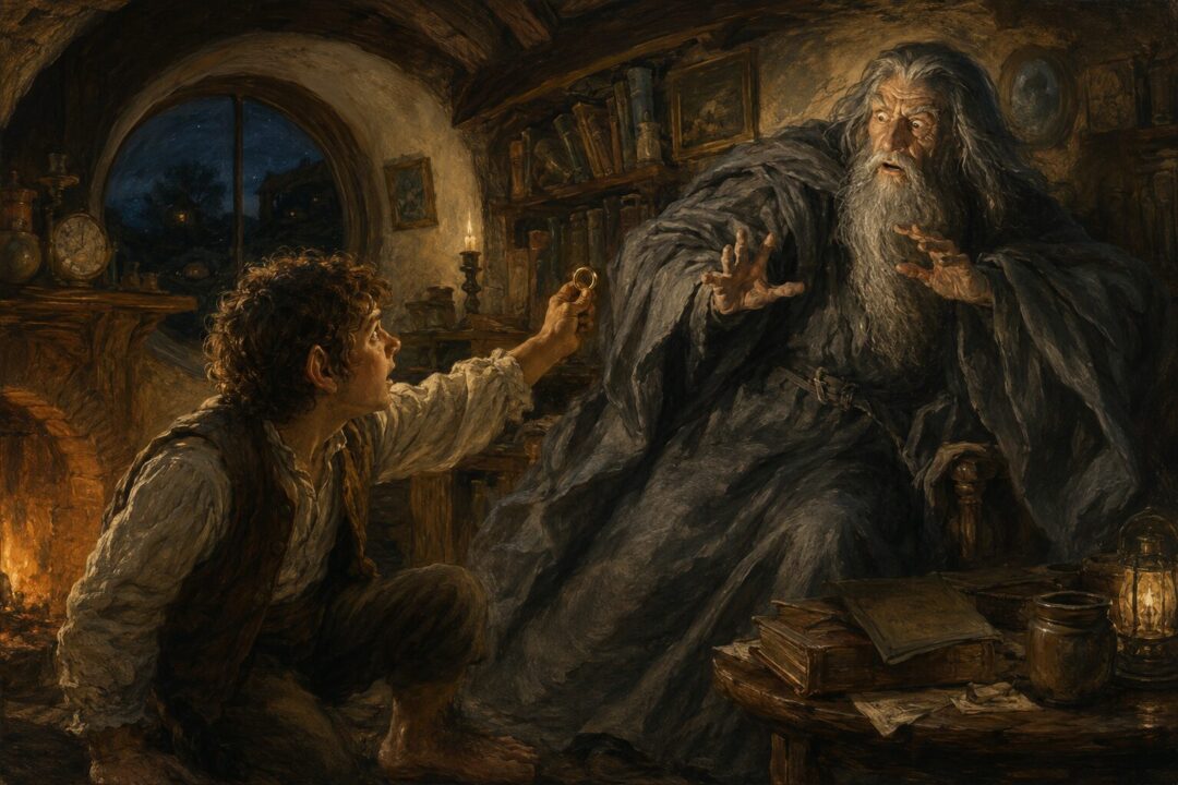 Gandalf recoils in fear as Frodo offers him the One Ring inside a shadowed hobbit-hole study.