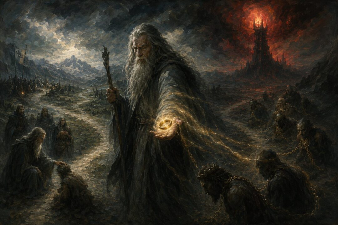 A grey wizard at a crossroads sees the Ring turn mercy and strength into symbols of domination.