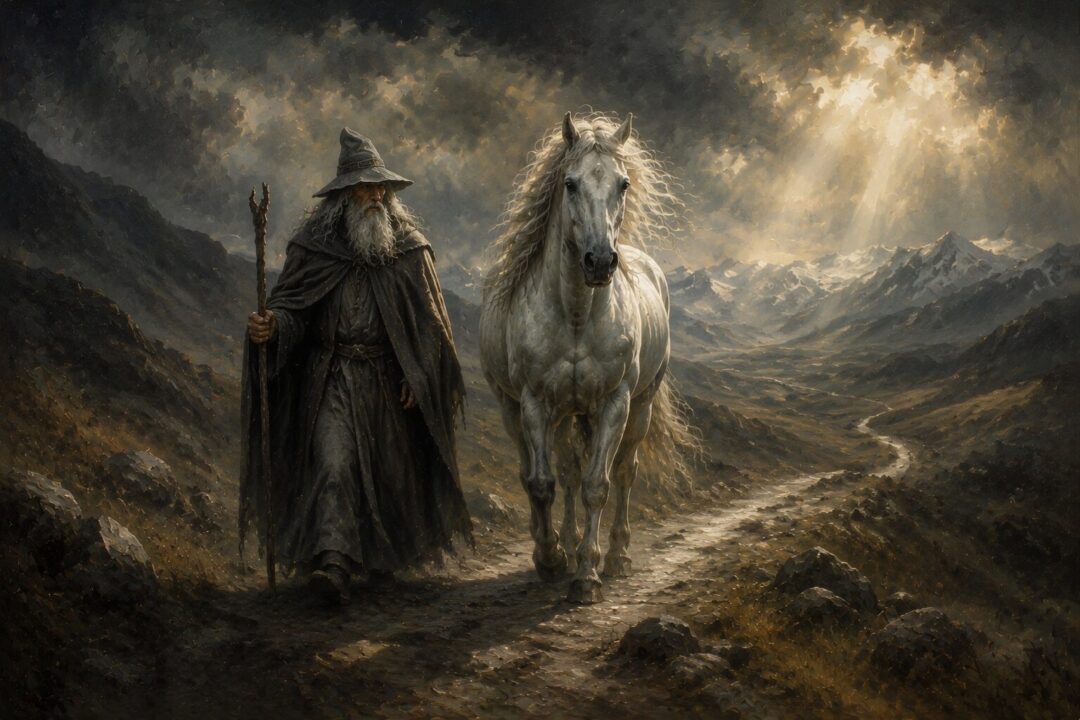 Gandalf and Shadowfax traveling together without reins or saddle