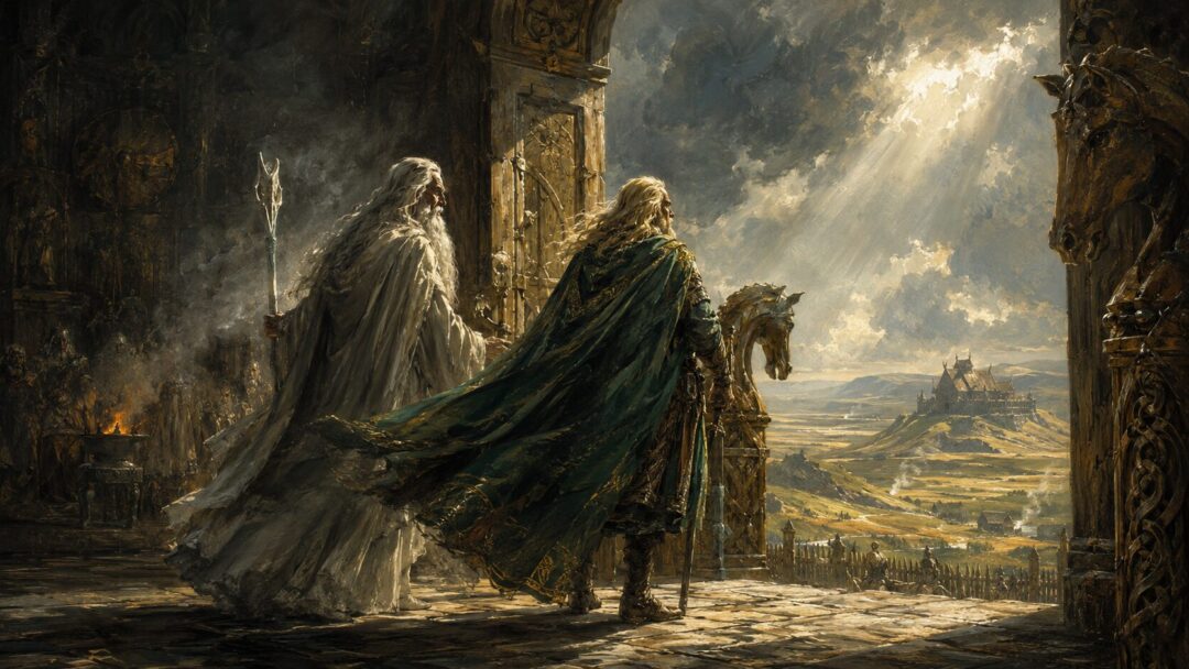 Gandalf leads Théoden from the dim hall of Meduseld into daylight over the plains of Rohan.