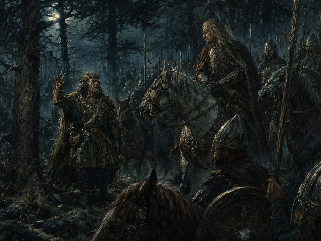Ghân-buri-Ghân standing before Théoden and the Rohirrim at night in Drúadan Forest