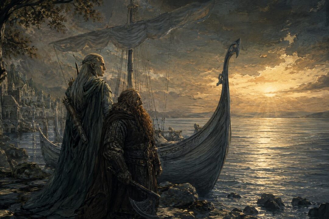 Gimli and Legolas beside a grey ship preparing to sail west at the end of the age