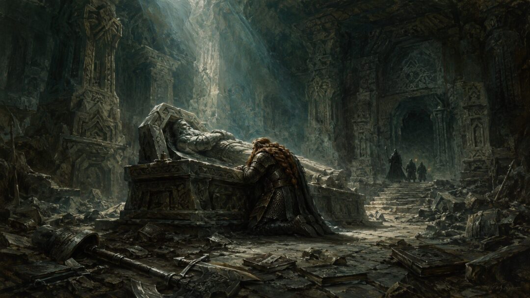 Gimli kneels in grief beside Balin’s tomb in the Chamber of Mazarbul under a cold shaft of light.