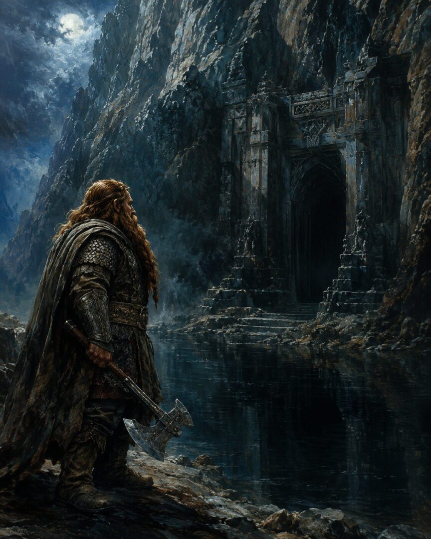 Gimli stands before the dark West-gate of Moria beside the black mountain pool, caught between hope and dread.