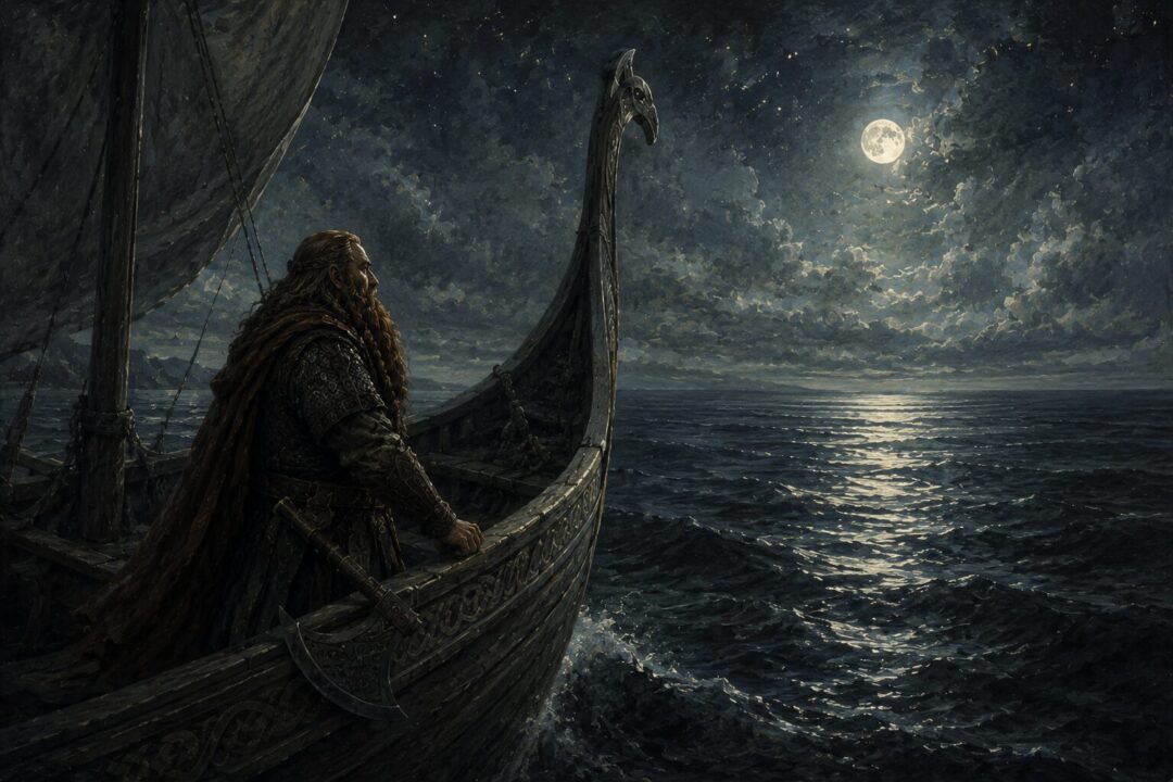 Gimli aboard a grey ship sailing across the western sea toward the Undying Lands
