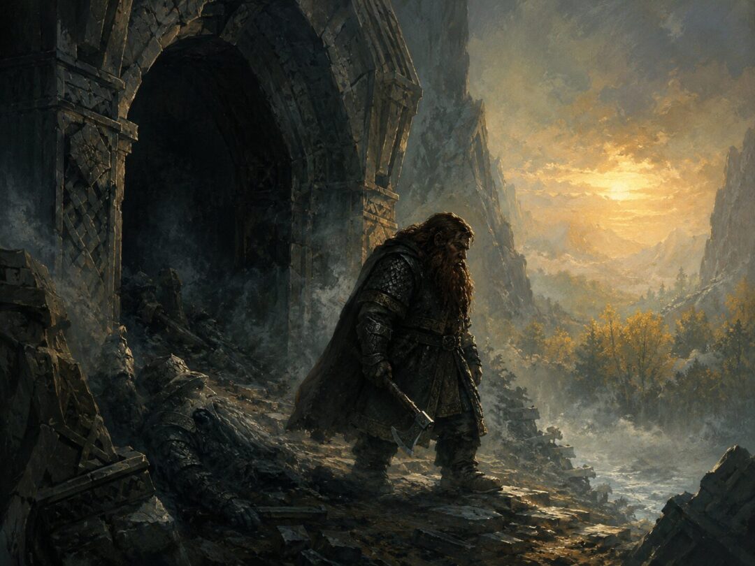 Gimli emerges from the darkness of Moria into pale dawn after learning the fate of Balin’s colony.
