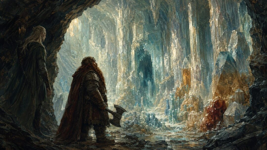 Gimli shows Legolas the shining beauty of the Glittering Caves of Aglarond.