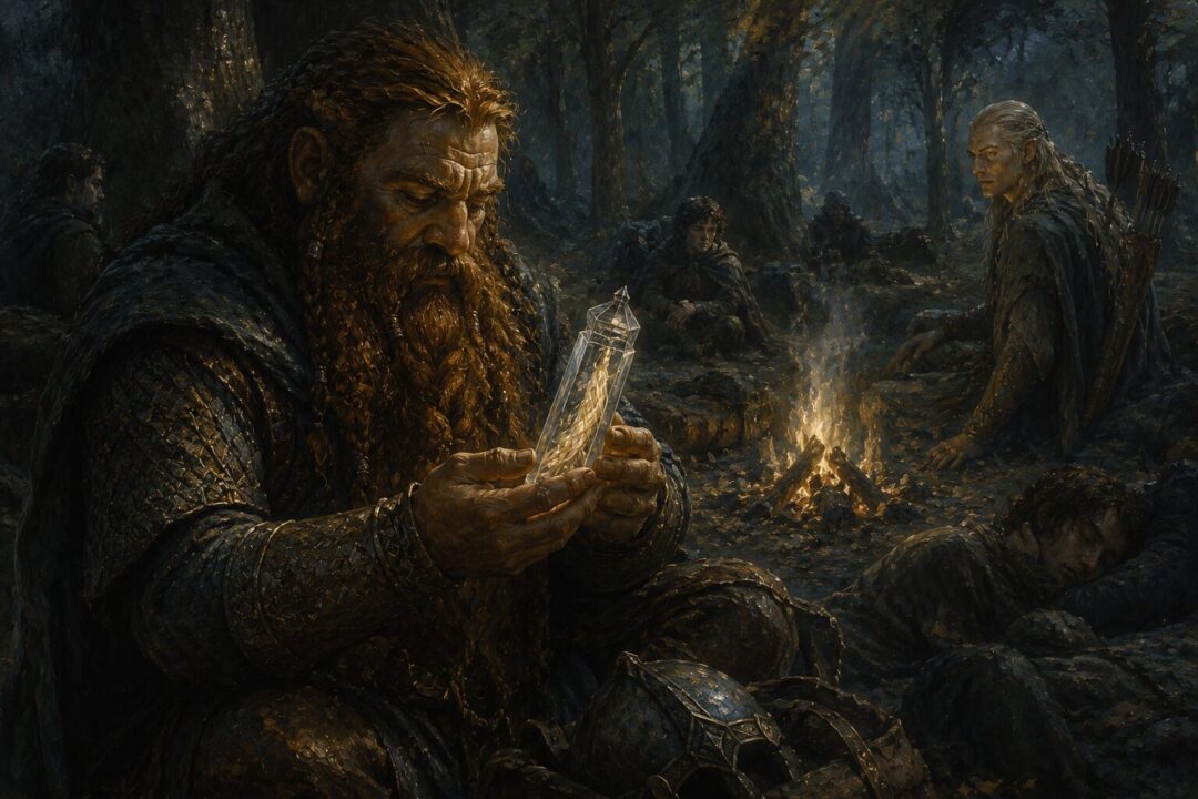 Gimli carefully preserving Galadriel's gift of three strands of hair in a crystal keepsake.