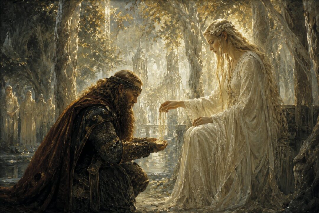 Gimli receiving three strands of Galadriel's hair in Lothlorien
