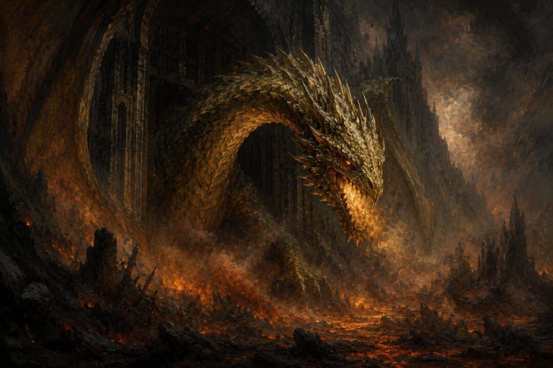 Glaurung emerges from Angband amid smoke and scorched earth.