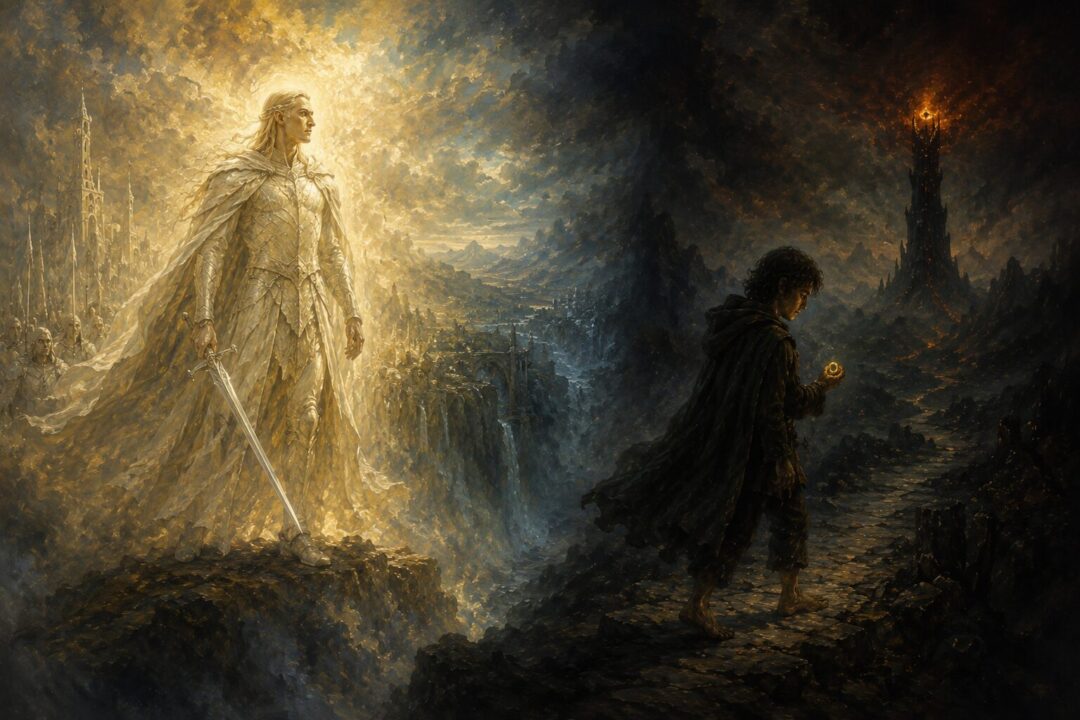 Symbolic contrast between Glorfindel's radiant power and Frodo's humble burden with the One Ring.