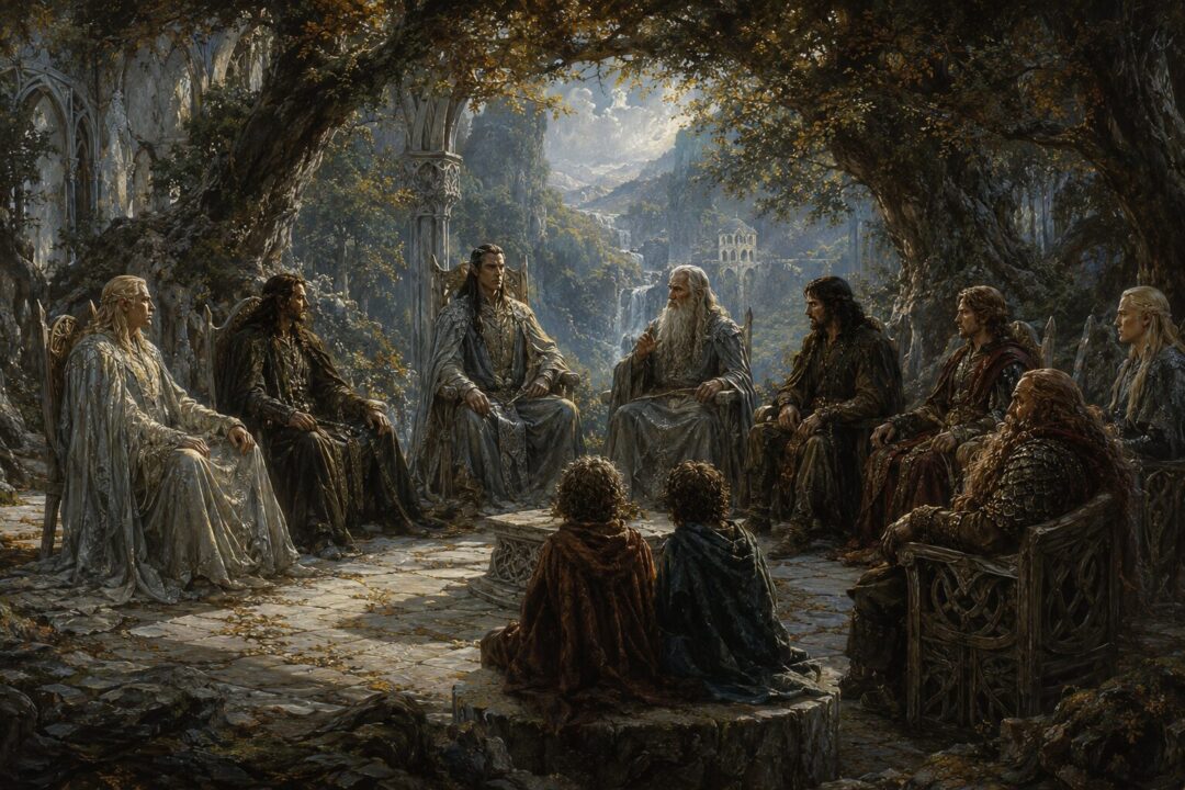 Glorfindel seated at the Council of Elrond as the fate of the One Ring is debated.
