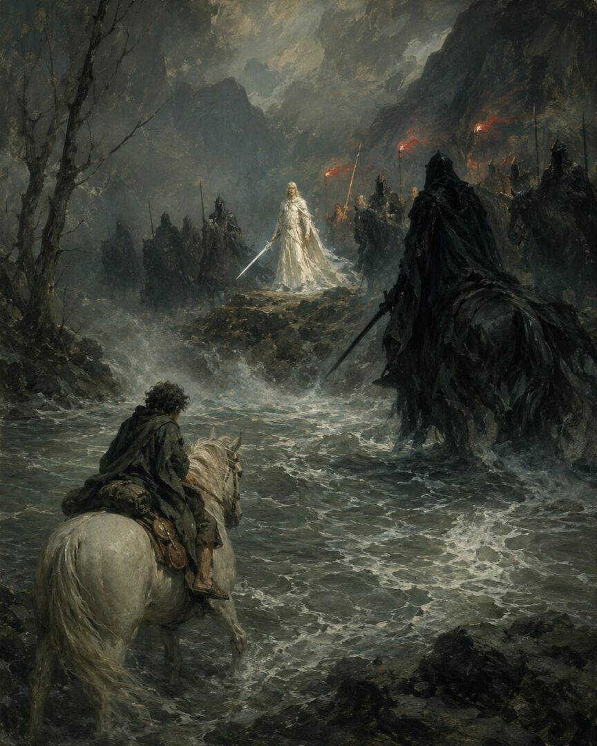 Glorfindel shines on the far bank of the Ford of Bruinen as Frodo faces the Black Riders.