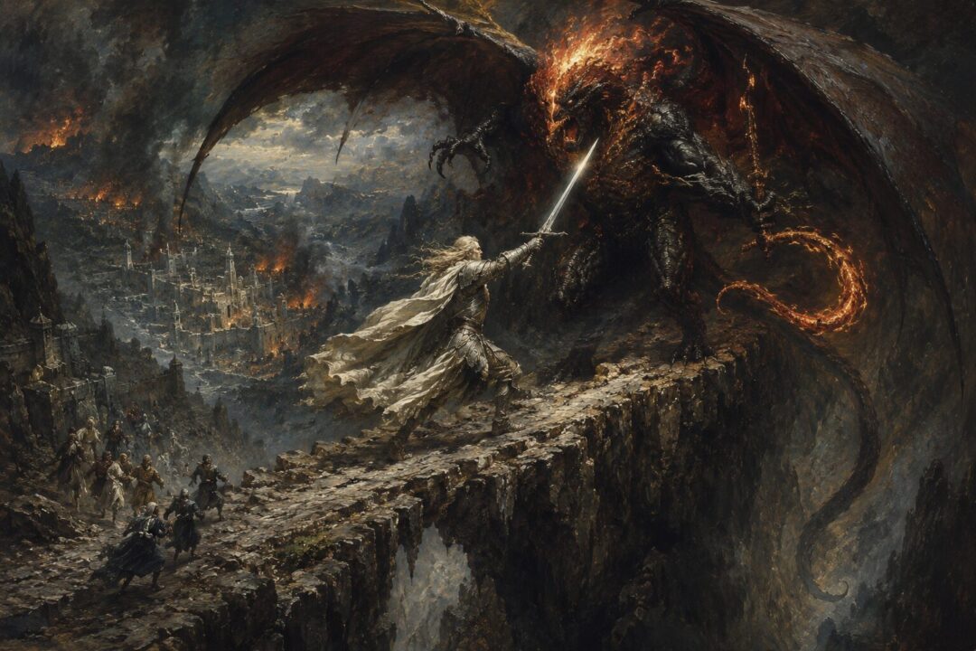 Glorfindel battling a Balrog on a mountain pass while refugees flee the Fall of Gondolin.