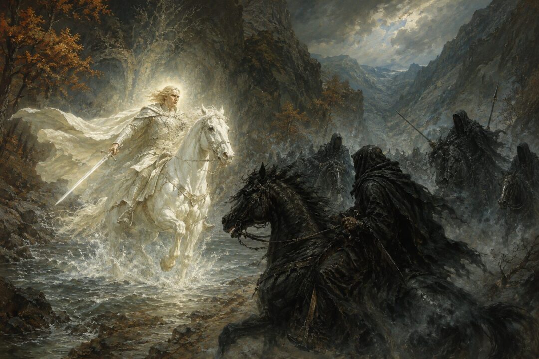Glorfindel shining with spiritual radiance as the Nazgûl hesitate before him on the road to Rivendell.