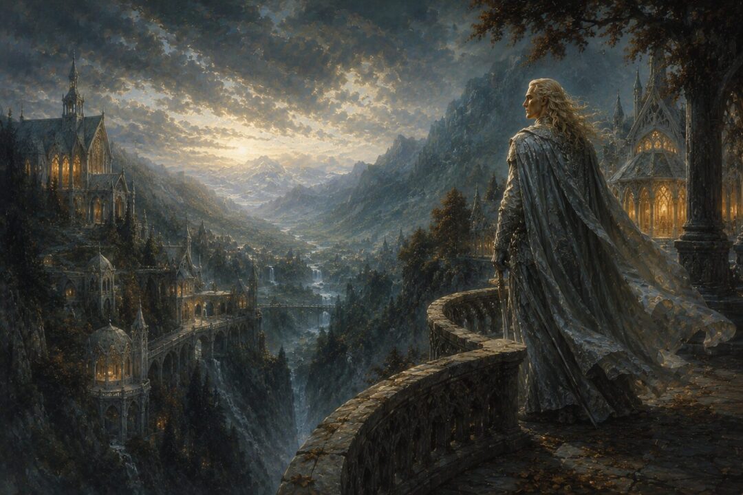 Glorfindel overlooking Rivendell after the Fellowship sets out on its secret quest.