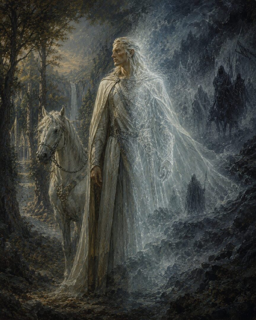 Glorfindel appears both as an Elf-lord in the visible world and as a radiant figure in the Unseen.