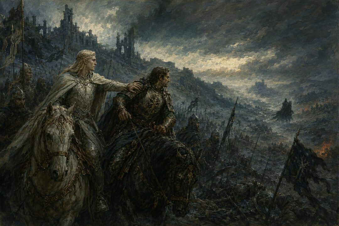 Glorfindel restrains Eärnur after the Battle of Fornost as the Witch-king flees into the dark.
