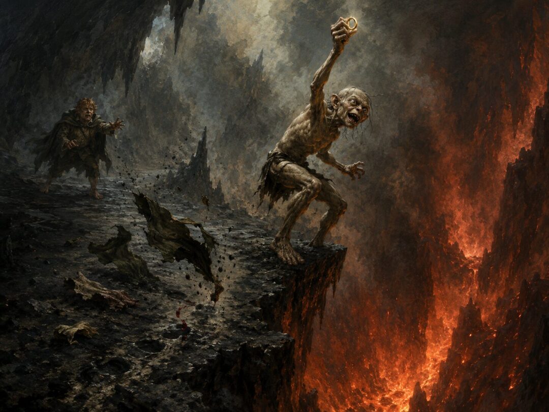 Gollum holds the Ring at the fiery Crack of Doom as Sam watches in horror from the shadows.