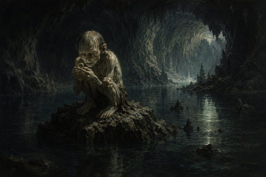 Gollum alone in his underground lake chamber beneath the Misty Mountains clutching the Ring