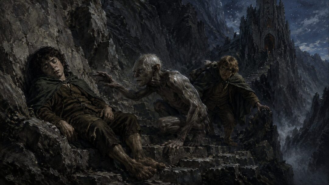 Gollum reaches toward sleeping Frodo in a conflicted moment on the stairs near Cirith Ungol as Sam wakes nearby.