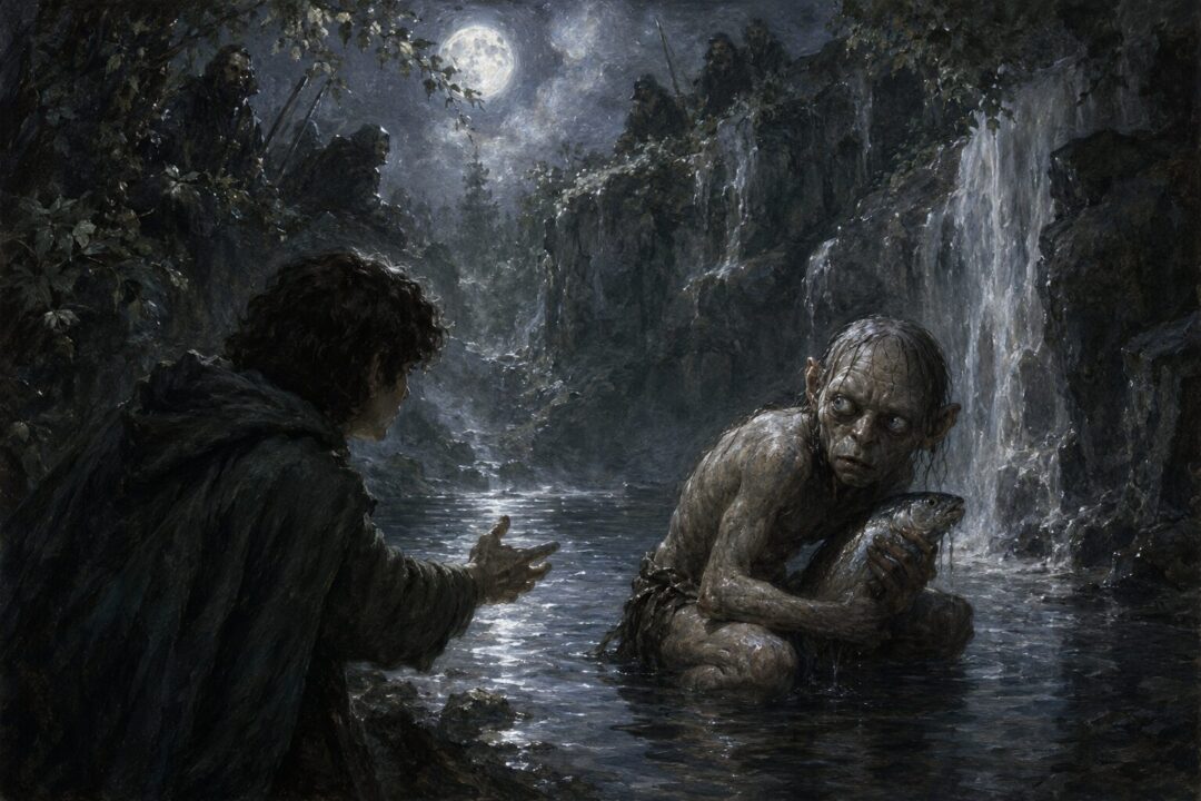 Gollum crouches in the Forbidden Pool while Frodo tries to save him from hidden Rangers.