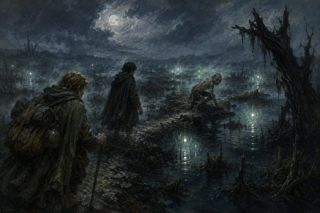 Gollum leads Frodo and Sam through the misty Dead Marshes under cold ghostly lights.