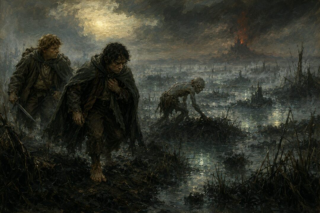 Gollum leads Frodo and Sam through the mist and dark pools of the Dead Marshes.