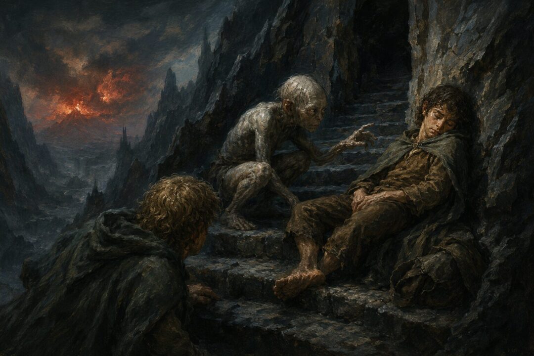 Gollum reaches hesitantly toward sleeping Frodo on the Stairs of Cirith Ungol as Sam wakes nearby.