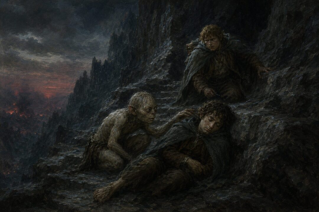 Gollum reaches toward a sleeping Frodo on the Stairs of Cirith Ungol as Sam wakes nearby.