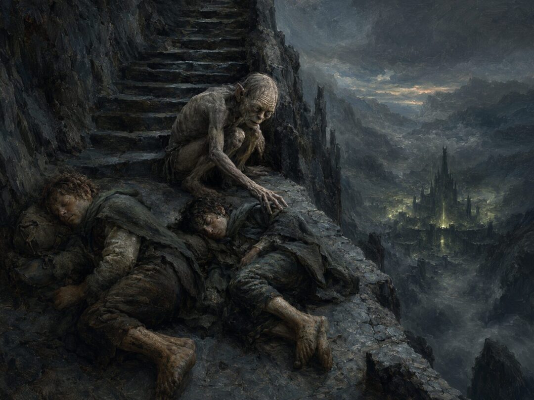 Gollum reaches gently toward sleeping Frodo on the Stairs of Cirith Ungol in a fragile moment of near repentance.