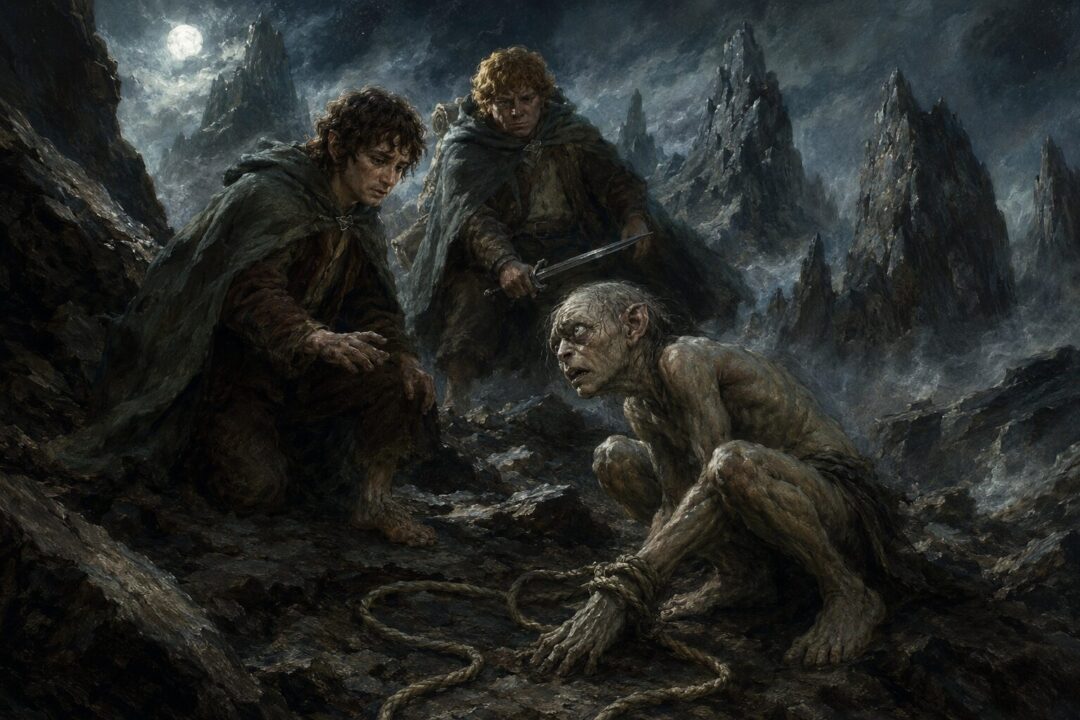 Frodo and Sam confront Gollum in the rocks of Emyn Muil as he swears by the Precious.