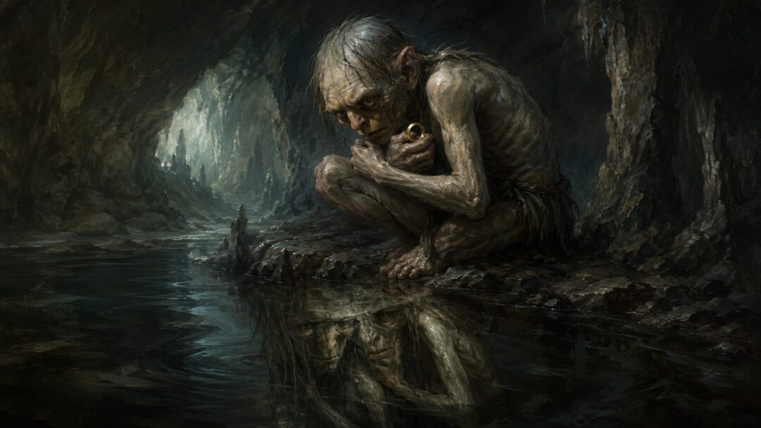 A gaunt cave-dweller crouches by an underground lake with a golden ring and a divided reflection.