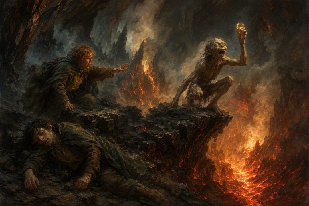Gollum clutches the One Ring at the fiery brink of Mount Doom while Frodo and Sam look on.