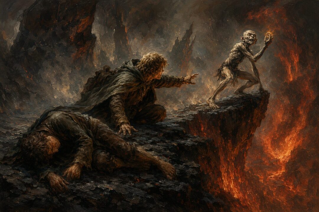 Gollum clutches the Ring at the fiery brink of the Crack of Doom as Frodo and Sam look on.
